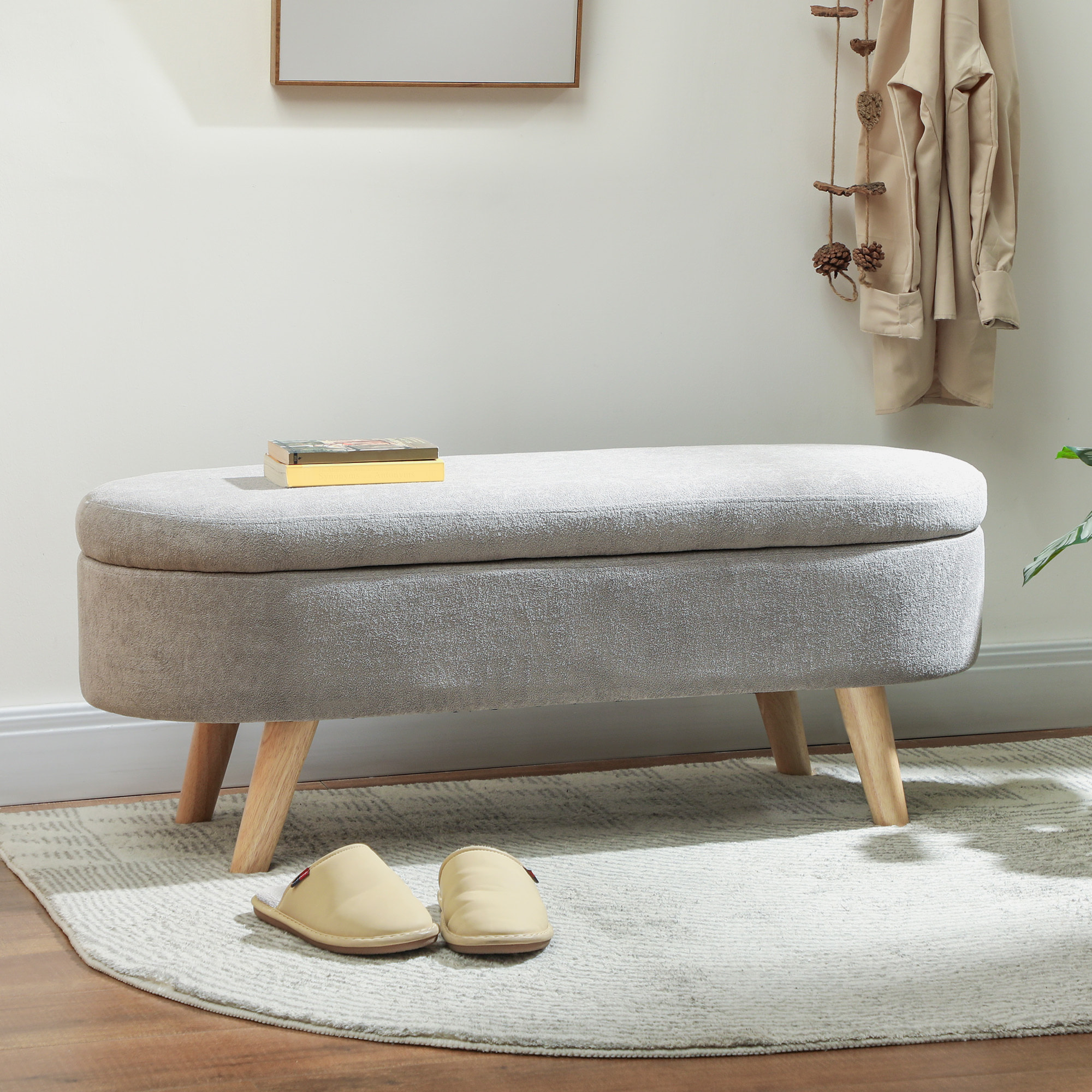 Banco Pie de Cama, Puff Almacenaje Tapizado en Terciopelo de Teddy con Patas de Madera y Asiento Acolchado, Banco de Almacenaje Ovalado para Dormitorio, Entrada, Pasillo, Gris Claro