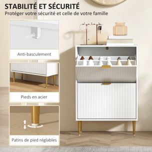 Meuble à chaussures style Art déco 2 portes piètement poignées métal doré 60 x 24 x 91,5 cm blanc