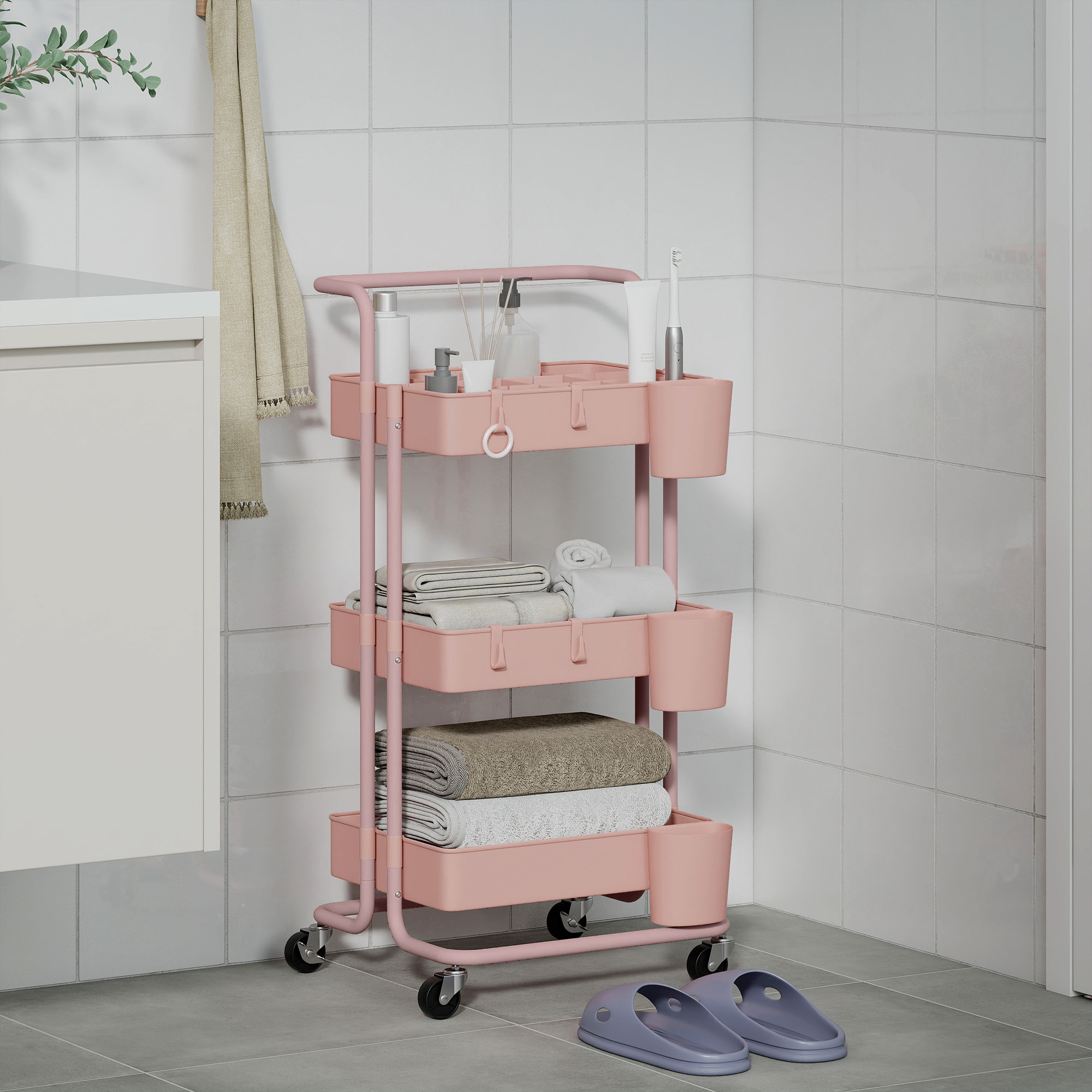 Desserte de cuisine - 3 étagères avec rebords - 4 crochets, 3 pots suspendus - acier ABS rose