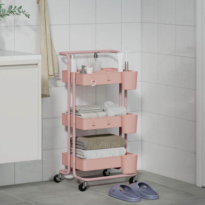 Desserte de cuisine - 3 étagères avec rebords - 4 crochets, 3 pots suspendus - acier ABS rose