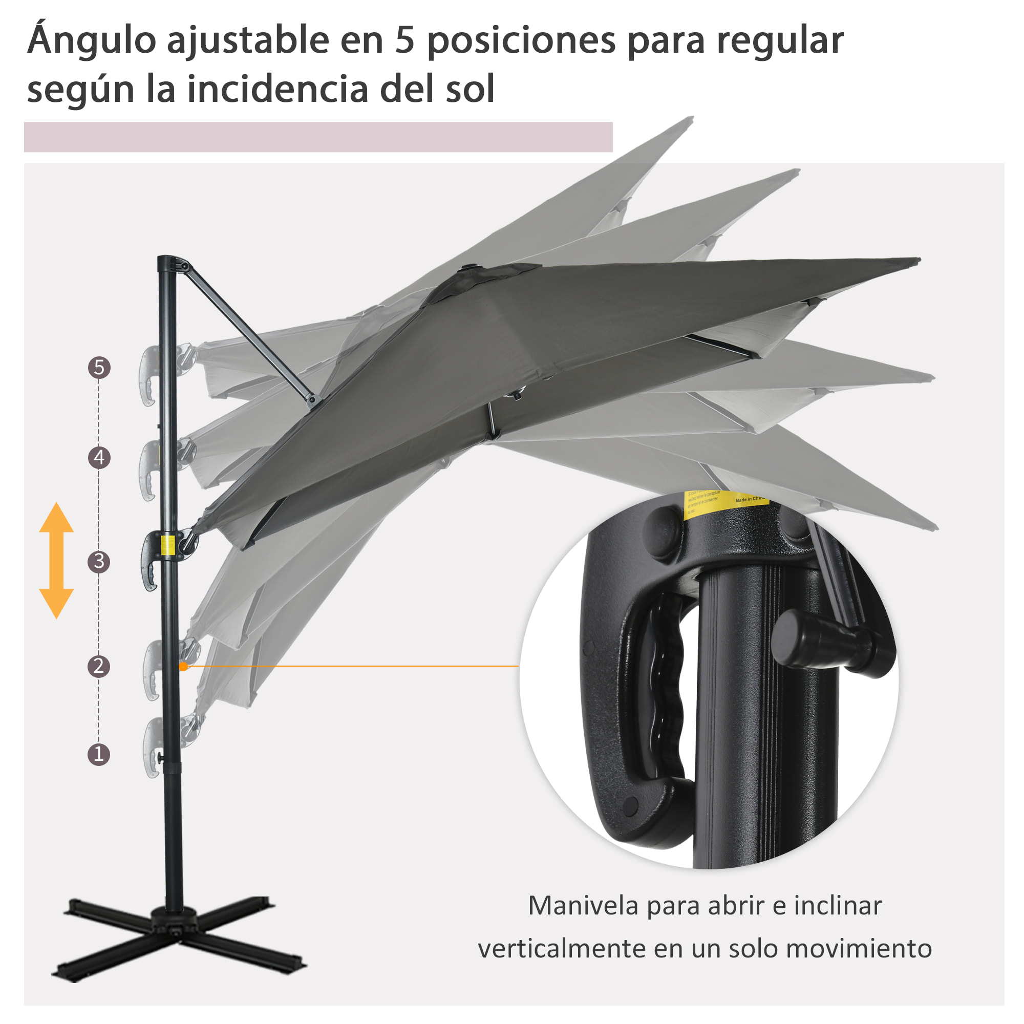 Sombrilla de Jardín de Aluminio 245x245x245 cm Parasol Excéntrico con Manivela Giratorio 360° Inclinación de 3 Niveles Tela Desmontable Gris