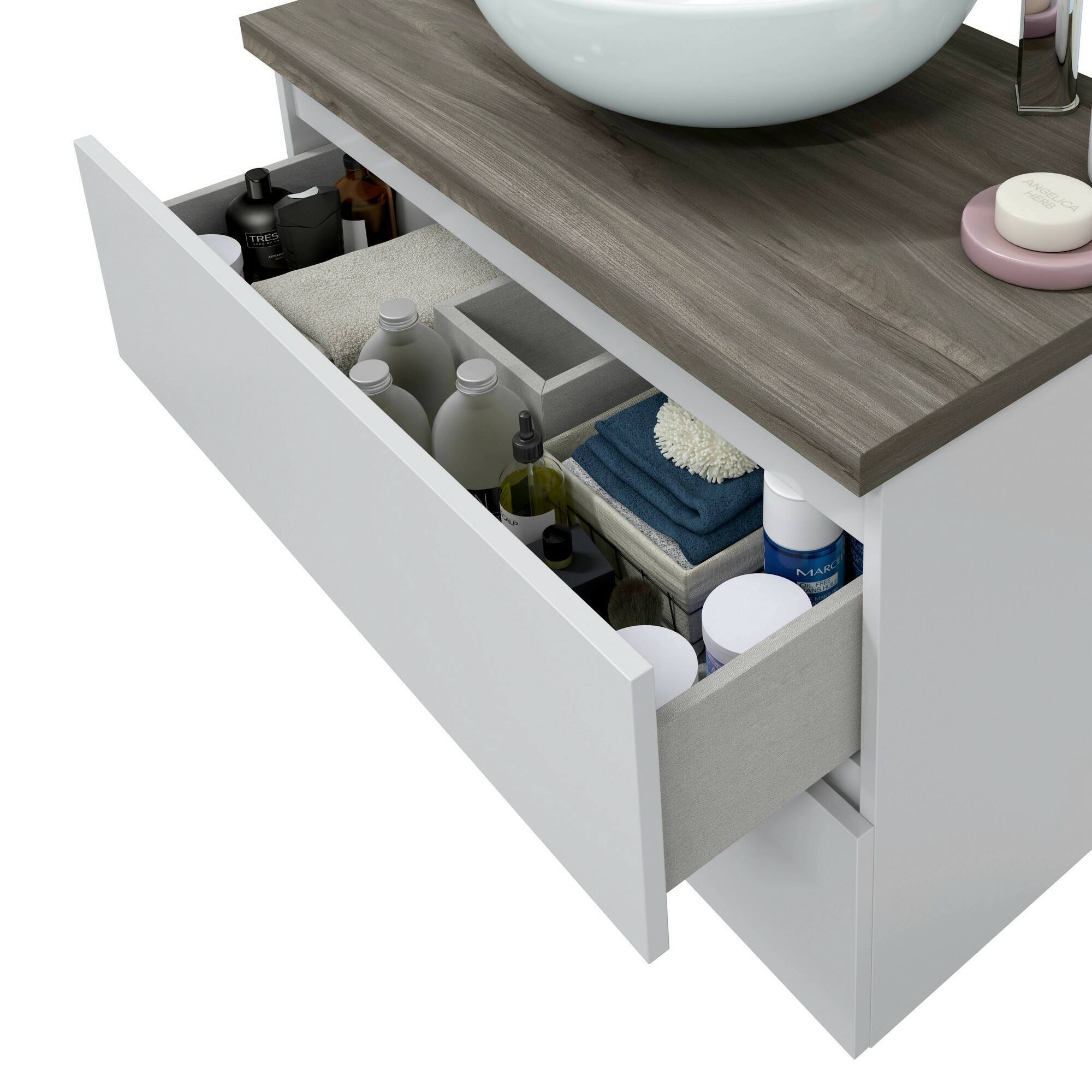 Mobile sottolavabo Alakdan, Mobiletto da bagno, Contenitore porta lavabo, Armadio per lavandino, 79x46 h53 cm, Bianco lucido e Olmo