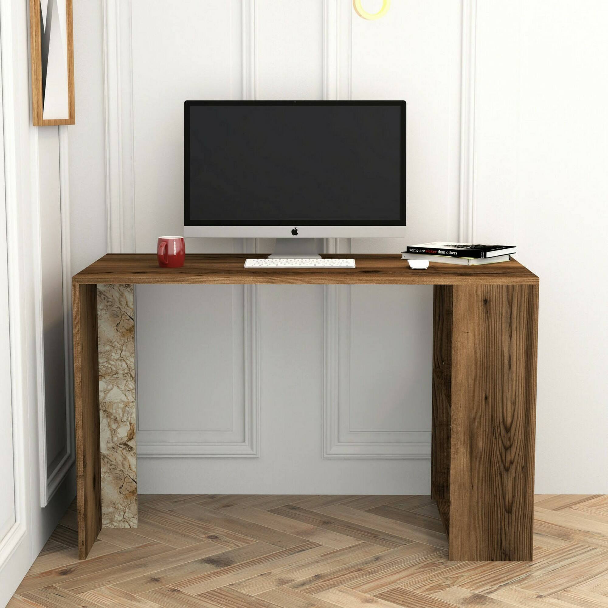 Scrivania Bising, Scrittoio multiuso, Tavolo per ufficio porta PC, Piano di lavoro, 120x60h75 cm, Noce e Bianco Marmo