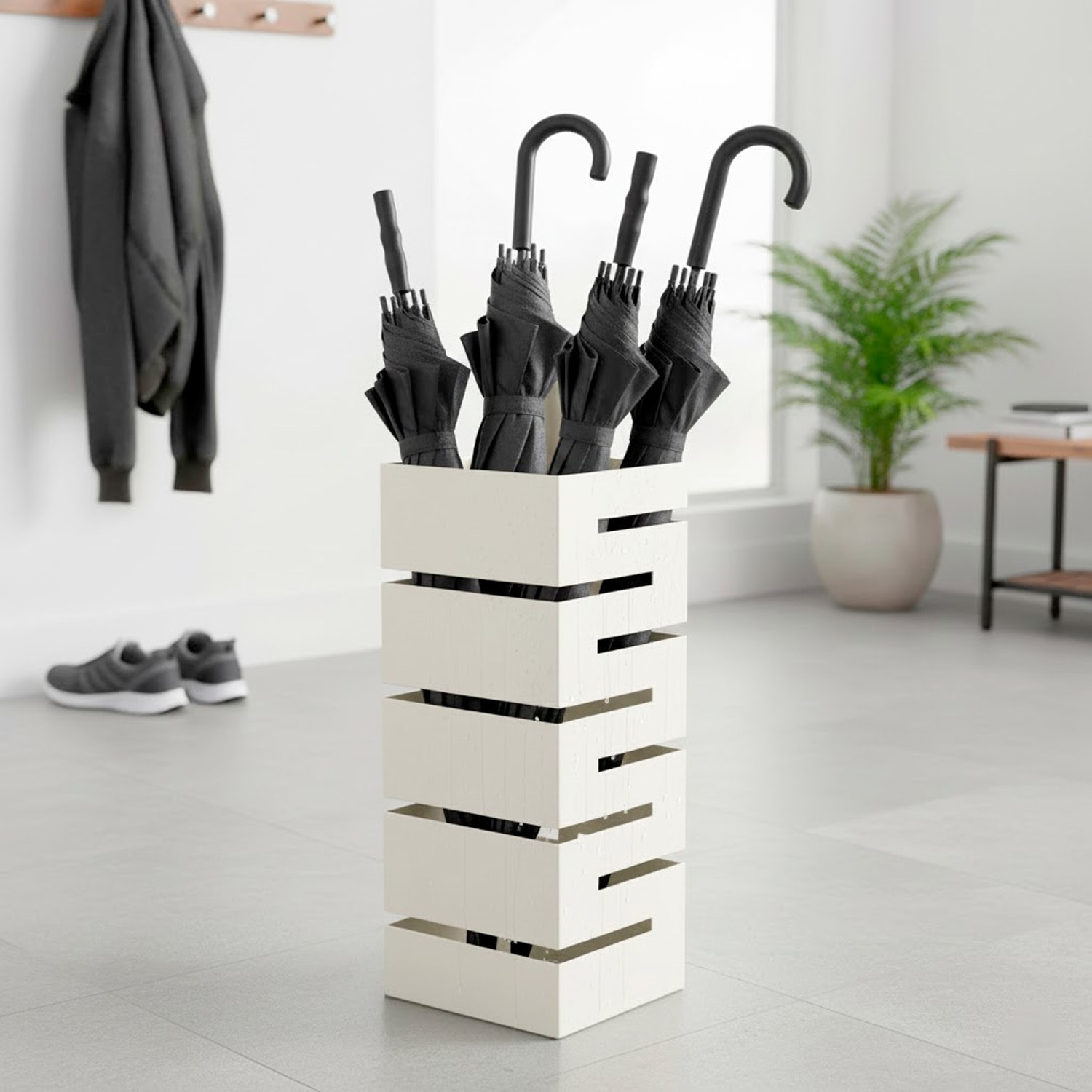 Portaombrelli In Acciaio Zincato Per Interno Esterno Con Vaschetta Scolapioggia 2 Ganci Removibili Base Antiscivolo 49 x 15,5 x 15.5 Cm Bianco