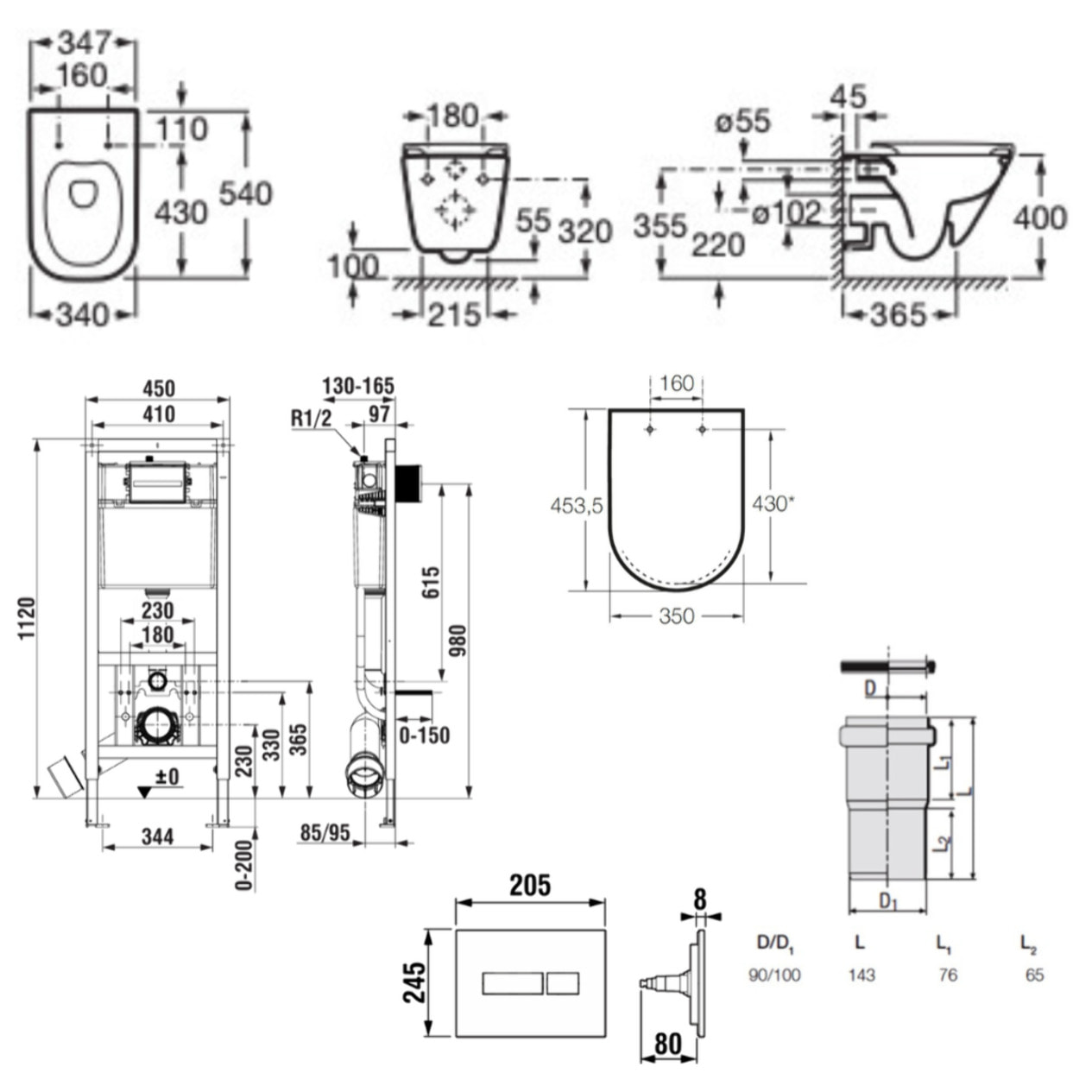 Pack WC bâti-support ECO 2 L Roca + WC suspendu Roca avec abattant SoftClose + plaque blanche (ROROGAWR04-FR)