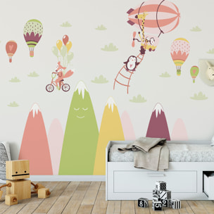 Stickers muraux enfants - Décoration chambre bébé - Autocollant Sticker mural géant enfant montagnes scandinaves ANIMAUX FOUS DANS LES AIRS