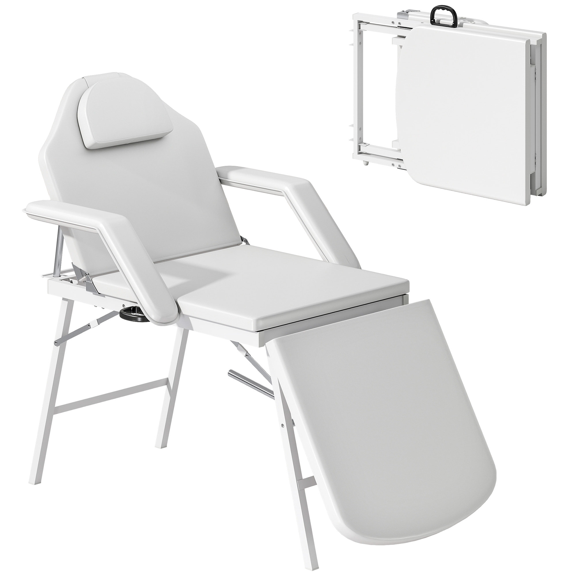 Camilla Masaje Plegable Portátil Camilla Estética Profesional de 3 Zonas con Respaldo Soporte para Piernas Ajustables Reposacabezas Extraíble Reposabrazos Acolchados para Spa 182x82 cm Blanco