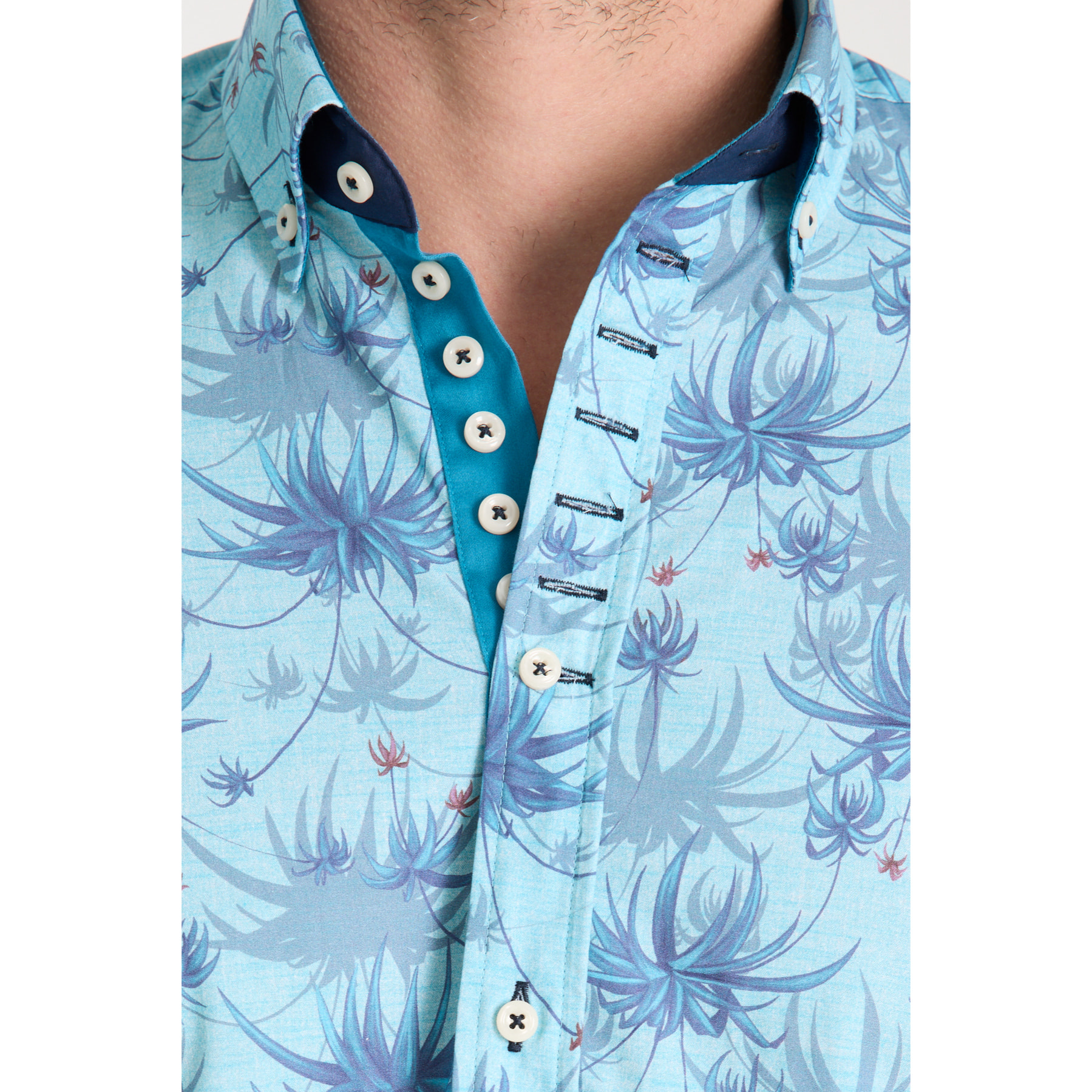 Camicia Uomo 1 Bottoni Button Down Slim Popeline Stampato Turchese/Blu