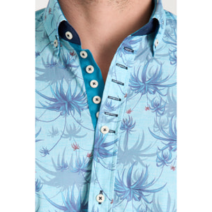 Camicia Uomo 1 Bottoni Button Down Slim Popeline Stampato Turchese/Blu