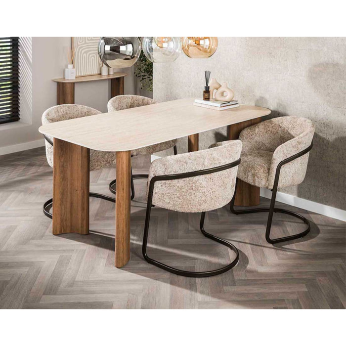 Mohea - table à manger - plateau en céramique effet travertin - 4 à 6 personnes - Bois / Beige