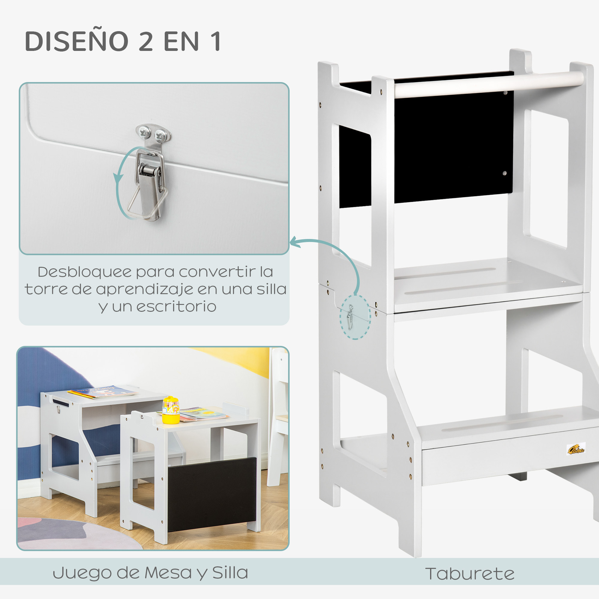 Torre de Aprendizaje 2 en 1 Taburete de Aprendizaje para Niños de +3 Años Convertible en Escritorio con Pizarra y Barra de Seguridad 42x44x86 cm Gris