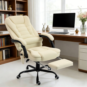 Fauteuil de bureau direction massant inclinable réglable repose-pied coussin lombaires synthétique beige