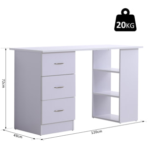 Bureau informatique table multi-fonctions 3 tiroirs 2 étagères dim. 120L x 49l x 72H cm MDF blanc