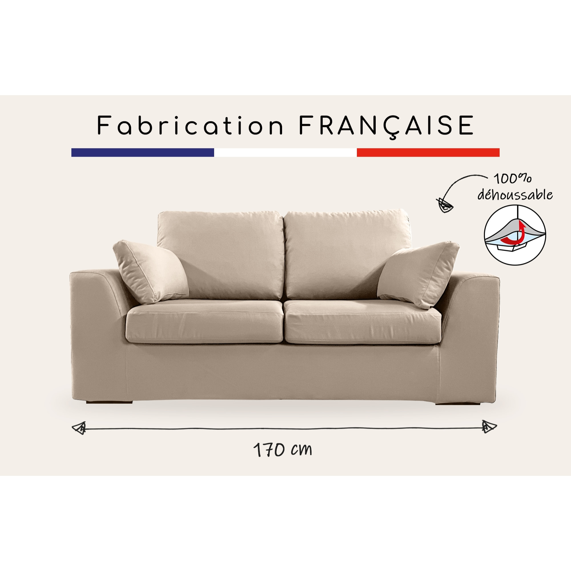 Canapé 2 pl TRESSIN 170 cm fixe tissu coton Taupe - 100% déhoussable - Fab. France