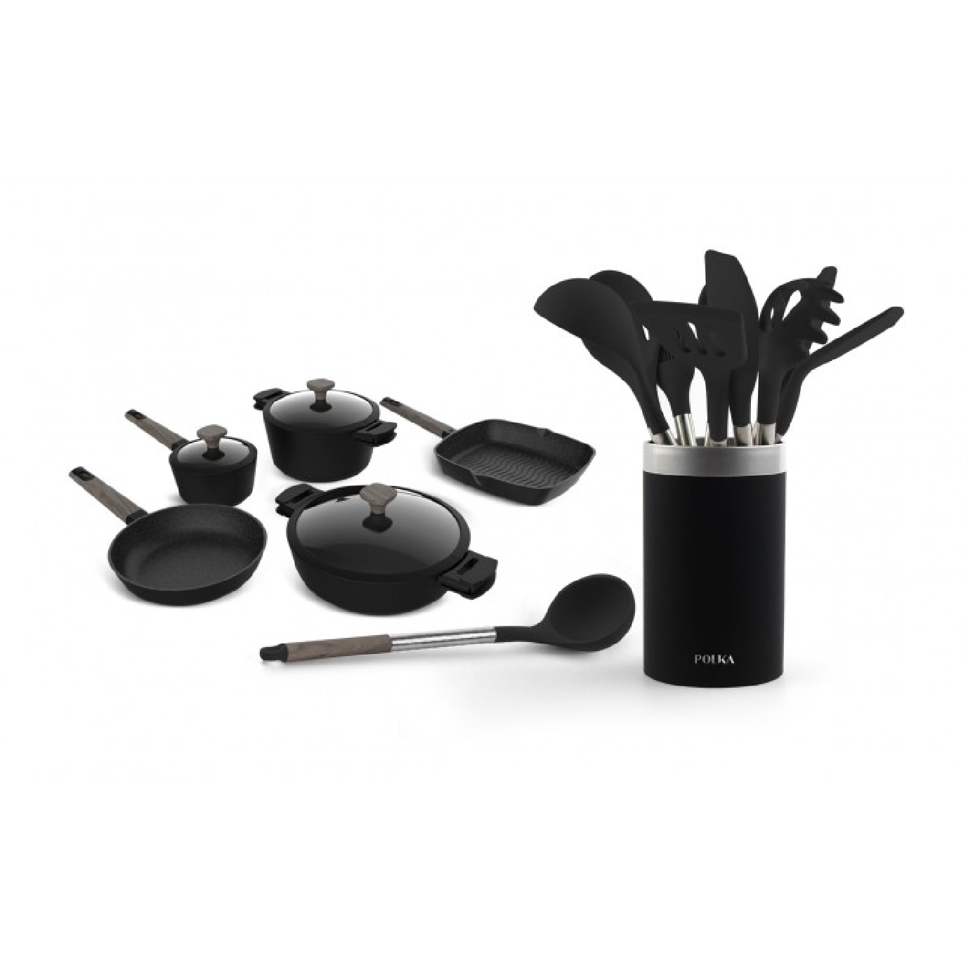 Utensilios de Cocina de Silicona Polka Excellence Force. Set de 9 piezas Negro,