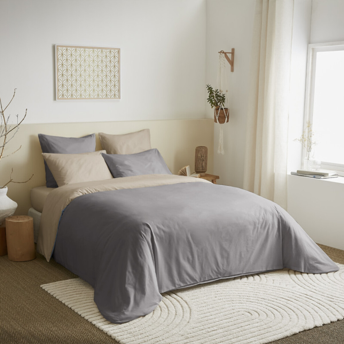 Pack complet 6 pièces Taupe/Lin réversible housse de couette