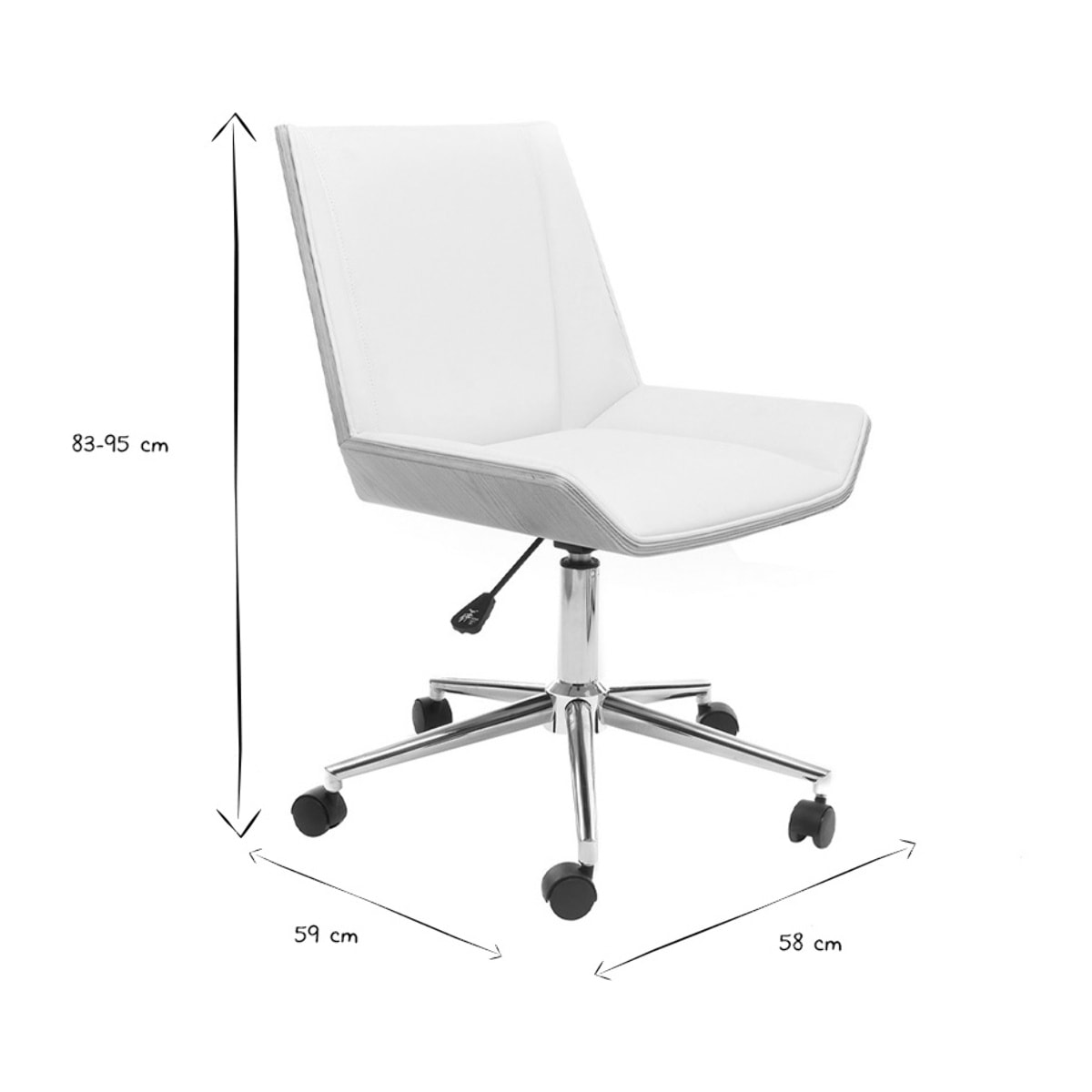Chaise de bureau à roulettes design blanc, bois clair et acier chromé MELKIOR