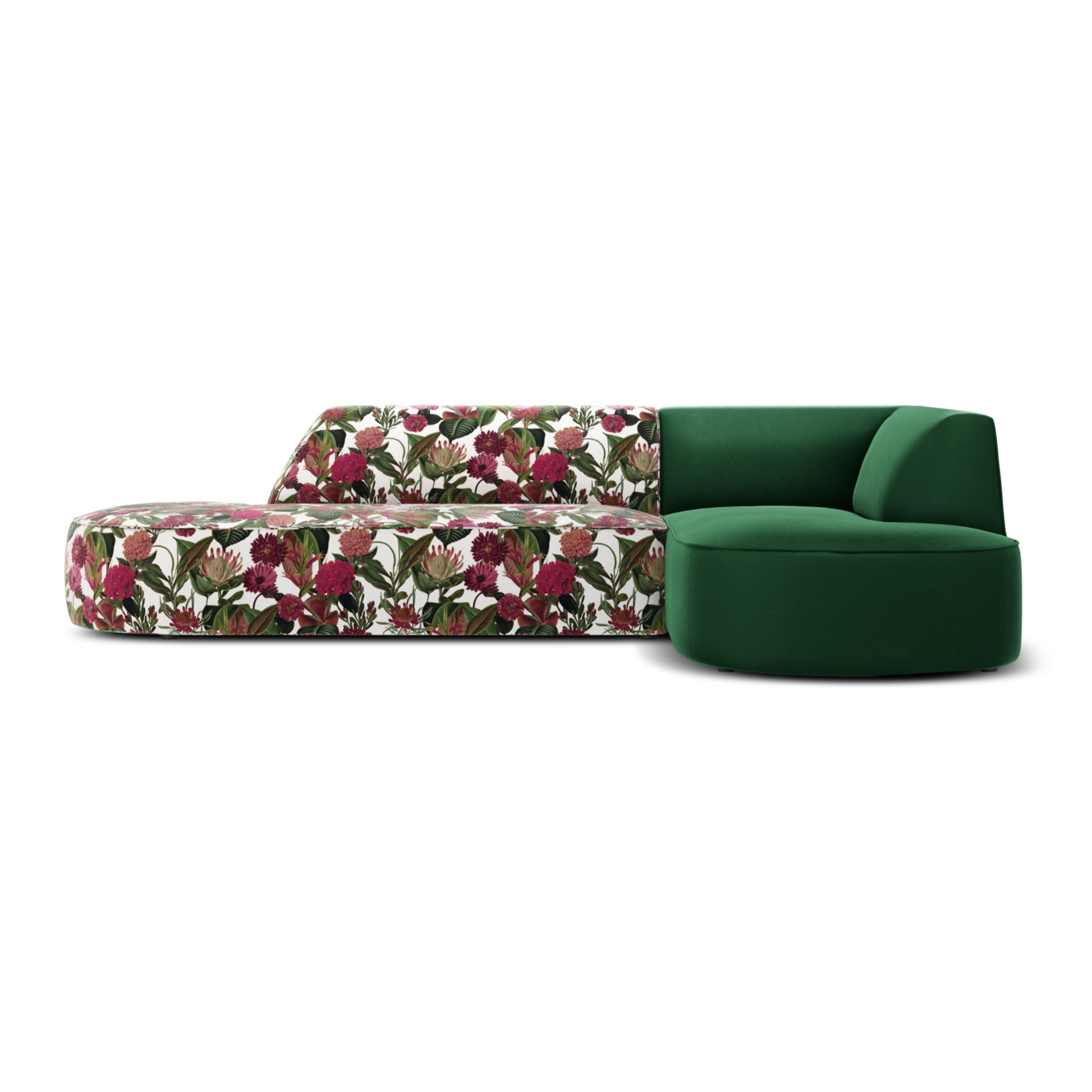 Canapé d'angle droit "Charles" 4 places en velours motif de rose de jardin,vert