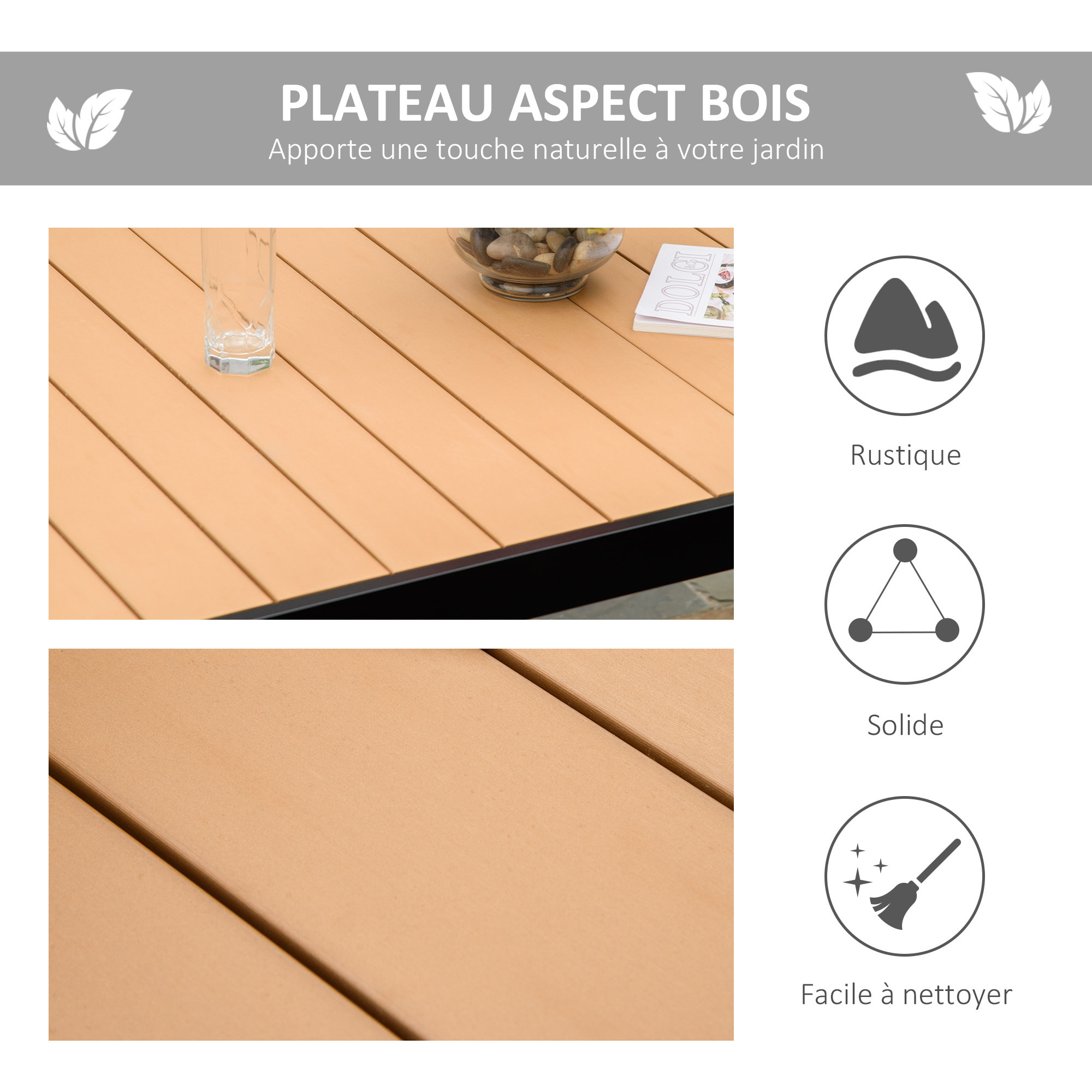 Table de jardin 6 personnes dim. 140 x 90 x 74 cm aluminium noir plastique effet bois naturel