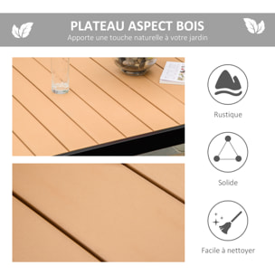 Table de jardin 6 personnes dim. 140 x 90 x 74 cm aluminium noir plastique effet bois naturel