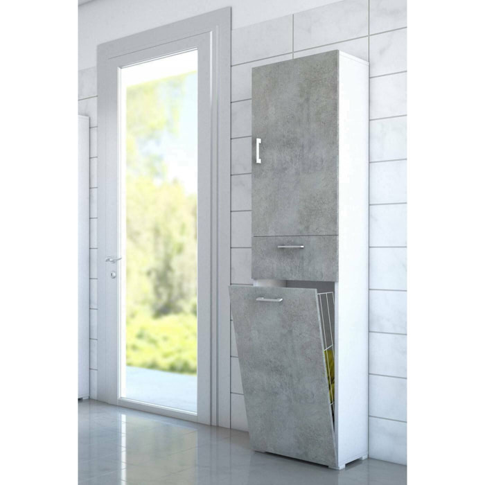 Armadio multiuso Aryanne, Mobile lavanderia lineare a 2 Ante, Colona da bagno con cestello portabiancheria, 100% Made in Italy, 45x32h195 cm, Cemento e Bianco