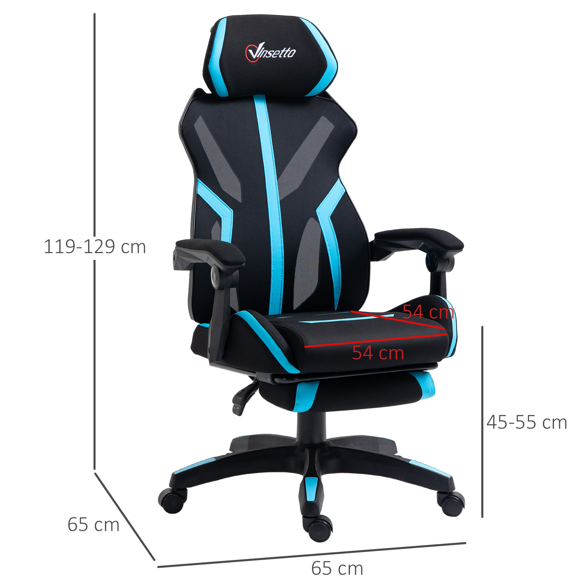 Vinsetto Silla Gaming con Reposapiés Retráctil Silla de Oficina Giratoria Reclinable con Reposacabezas y Altura Ajustable 65x65x119-129 cm Negro y Azul