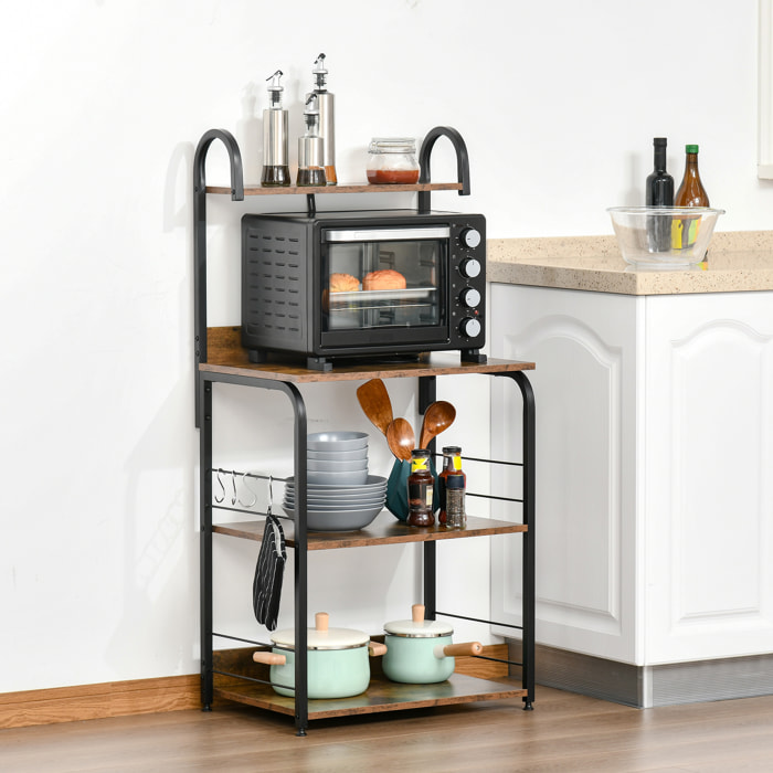 Estantería de Cocina de 4 Niveles Estante de Cocina con Ganchos Estantería para Microondas 60x40x125 cm Marrón Rústico y Negro