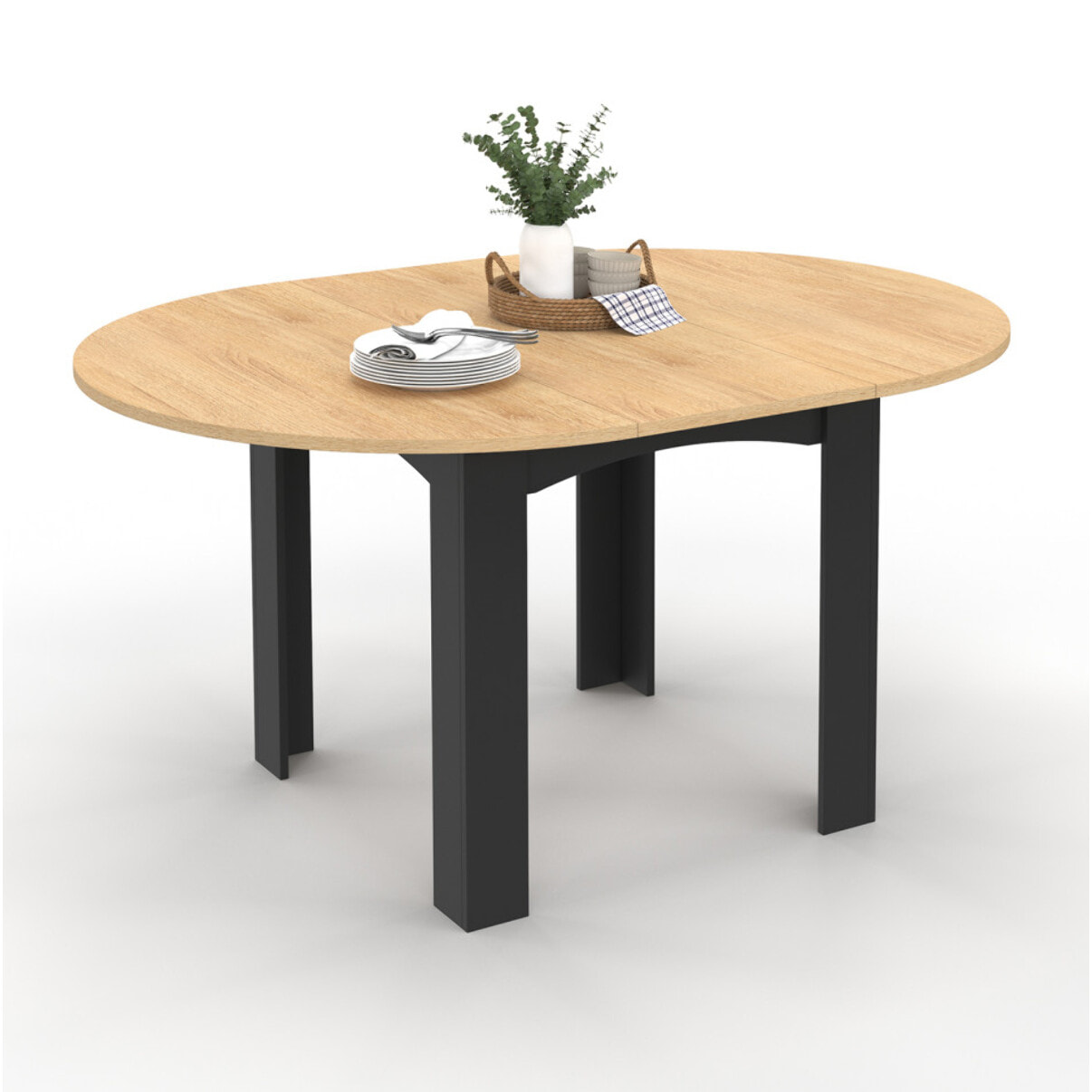 Table à manger ronde extensible Dina bois et noir Ø110-150cm