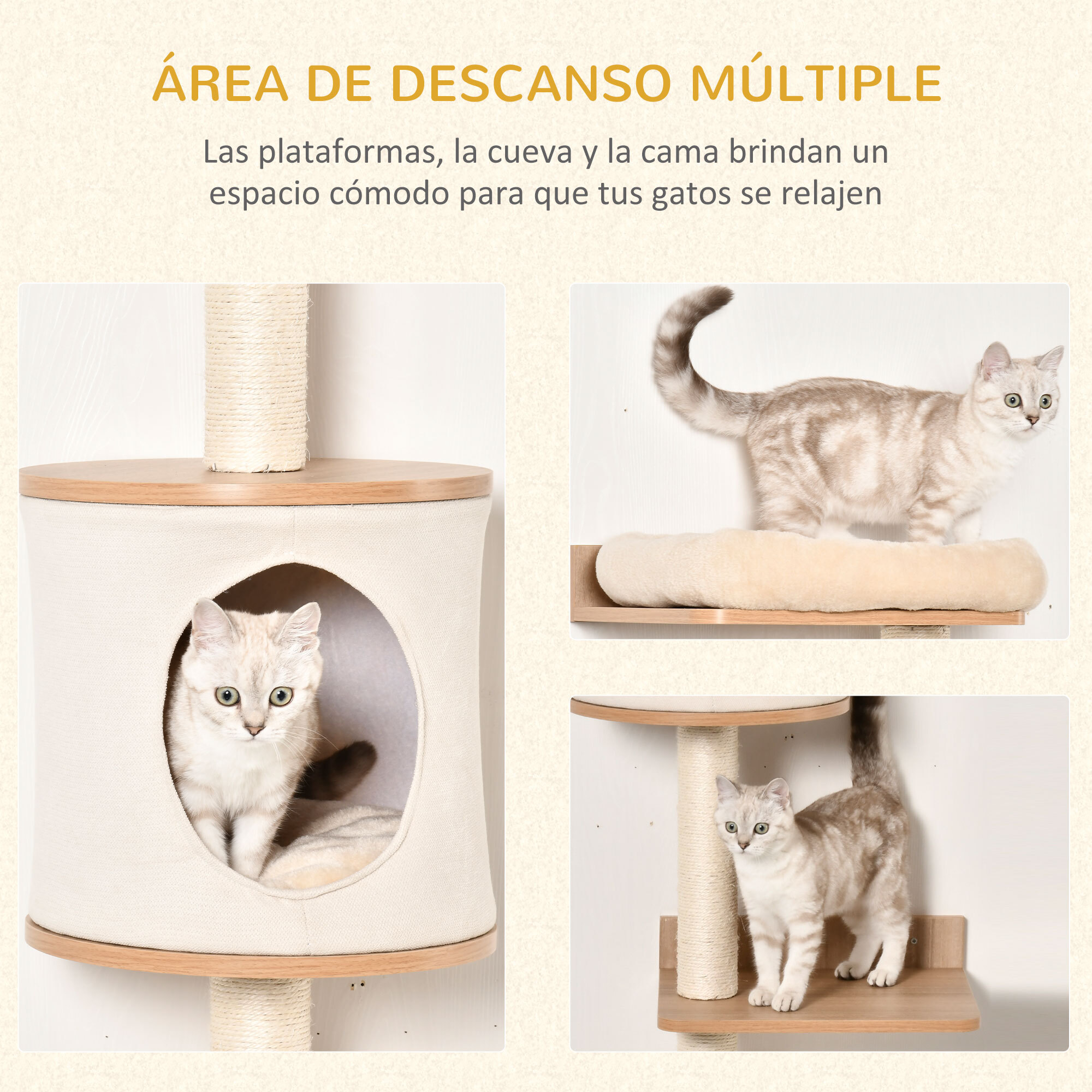 árbol para Gatos de Pared 149 cm con Plataformas Cojín Extraíble Poste Rascador