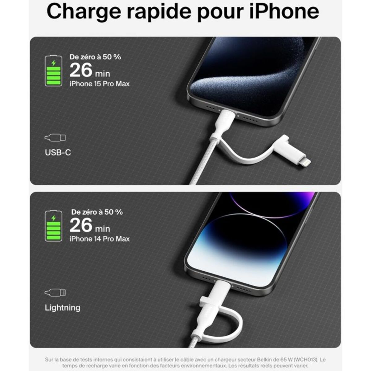 Adaptateur USB BELKIN 2-en-1 USB-C et Lightning 1m50 blanc