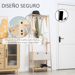 HOMCOM Perchero de Madera con Zapatero de 2 Estantes Perchero de Pie con 2 Cajones de Tela 4 Ganchos y Barra para Colgar Ropa Bolsas para Entrada Salón 58x36x168 cm Natural