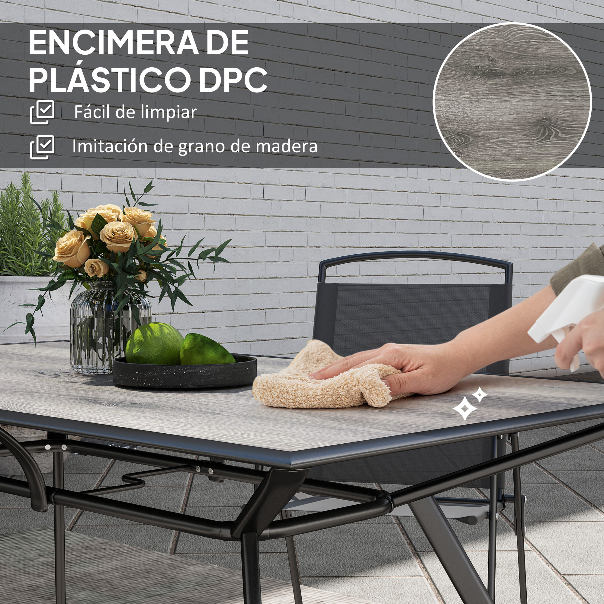Mesa de Jardín Exterior Mesa de Comedor Exterior con Encimera Imitación Madera y Estructura de Acero Carga 70 kg Mesa Rectangular para 6 Personas para Patio Terraza Gris