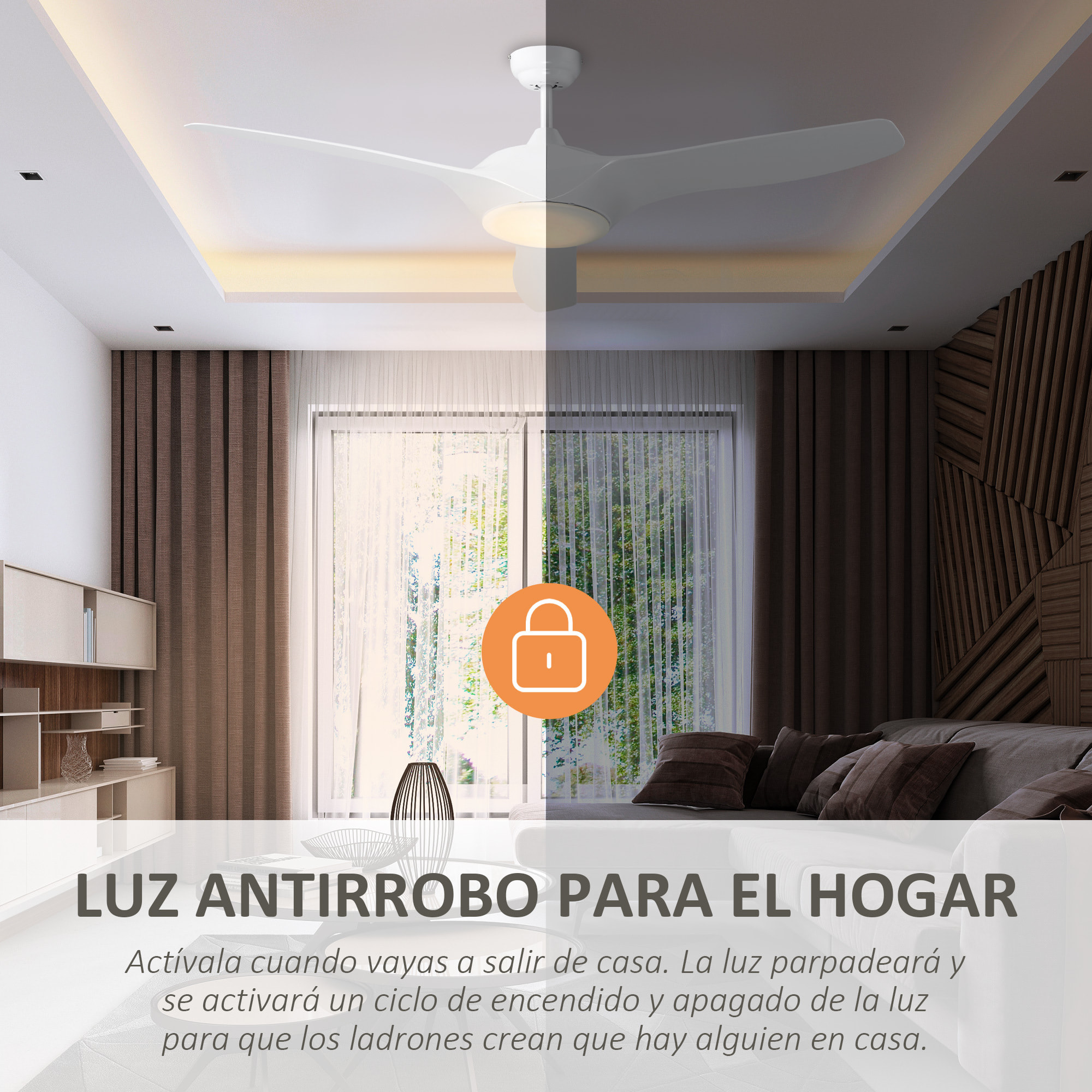 Ventilador de Techo Motor Diámetro 132 cm con Luz LED Mando a Distancia 3 Aspas Reversibles 6 Velocidades y Temporizador Silencioso para Dormitorio Salón Comedor Blanco