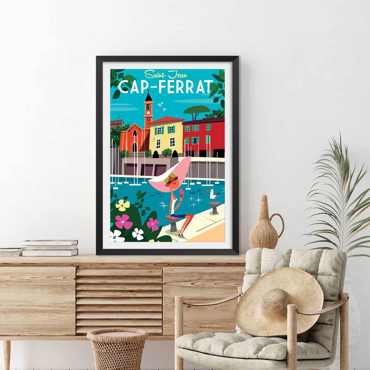 Poster du cap ferrat Affiche + cadre en bois - Noir