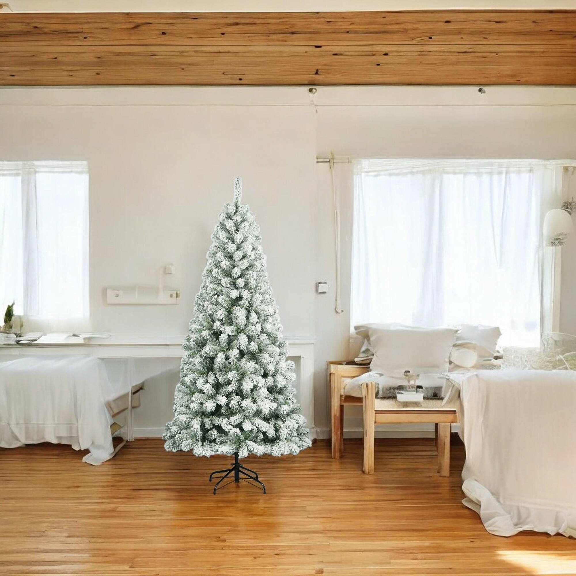 Albero di Natale 150 cm Kris Kringle, Pino artificiale floccato, Albero effetto reale, Alberello natalizio extra folto, 150x150 h150 cm, Verde e Bianco