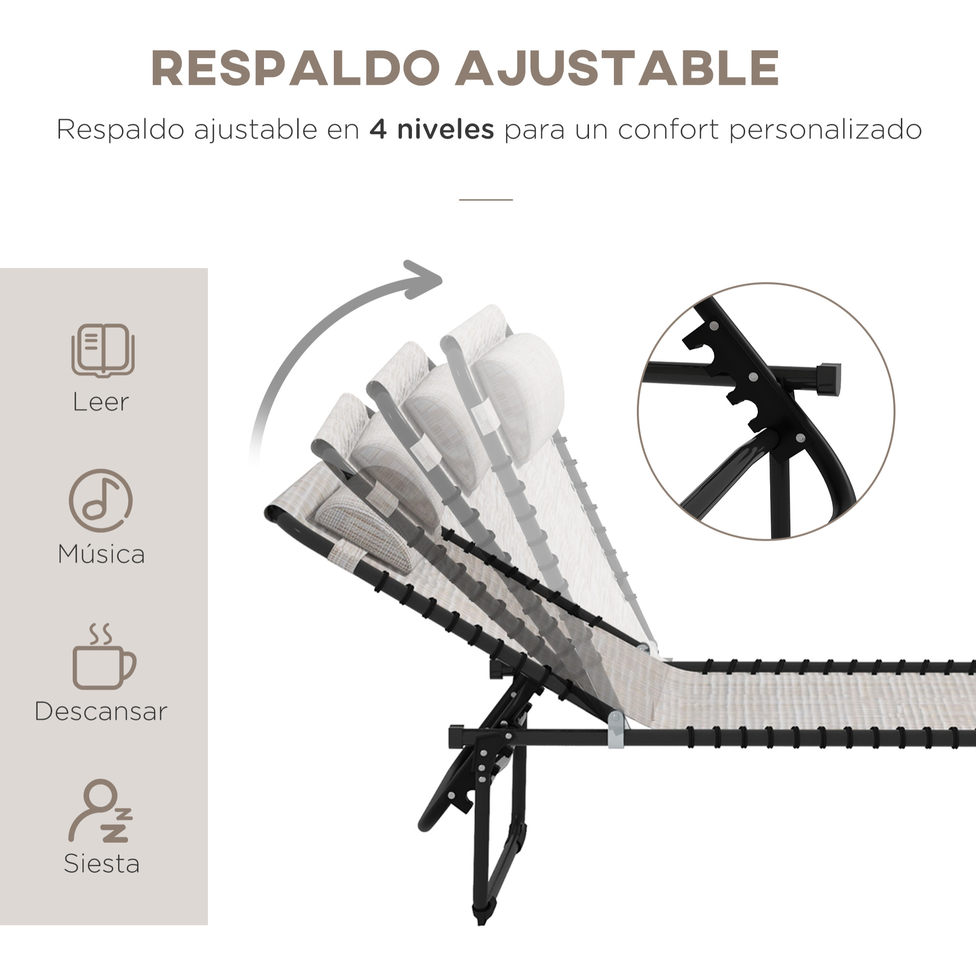 Conjunto de 2 Tumbonas Plegables Tumbonas de Jardín con Respaldo Ajustable en 4 Posiciones Carga 120 kg para Terraza Piscina Playa 197x58x30 cm Crema