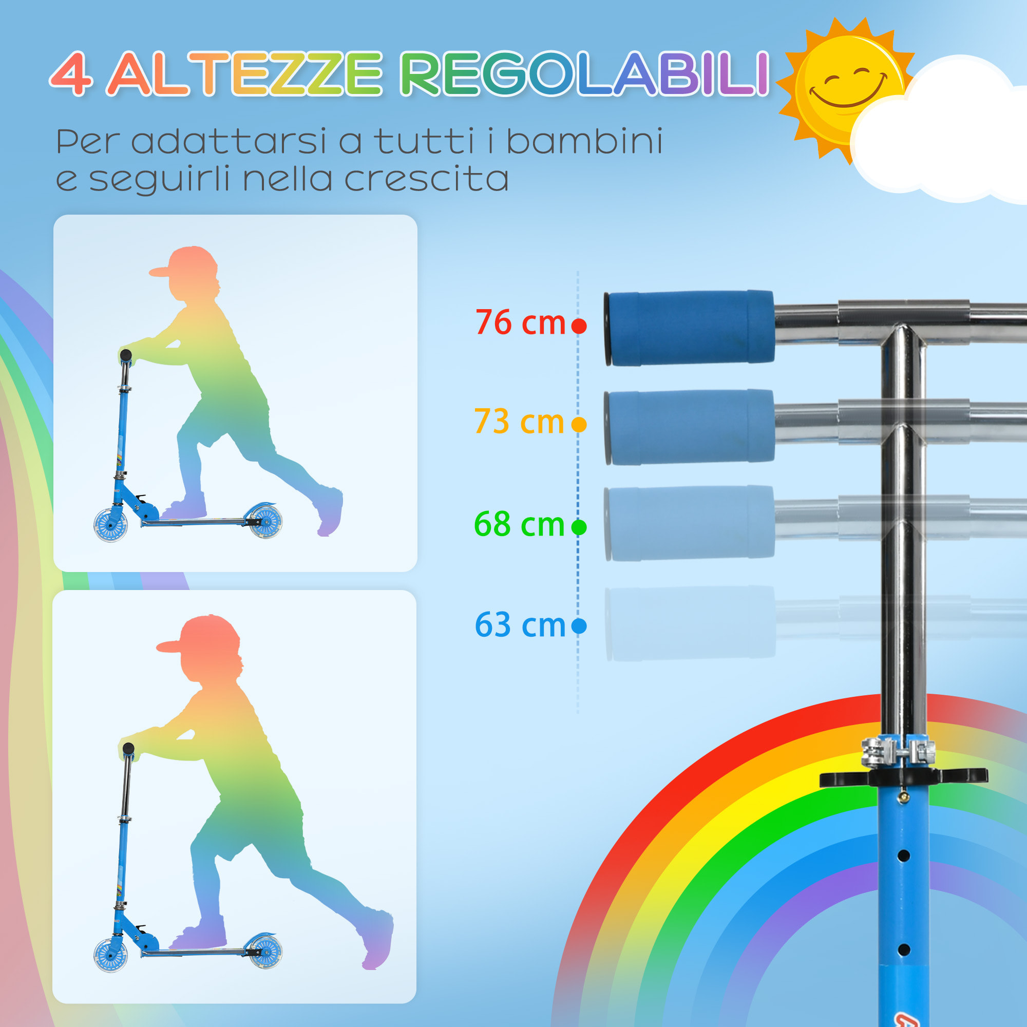 HOMCOM Monopattino per Bambini 3-7 Anni Pieghevole a 2 Ruote e Altezza Regolabile, 67x32x65-78 cm, Blu