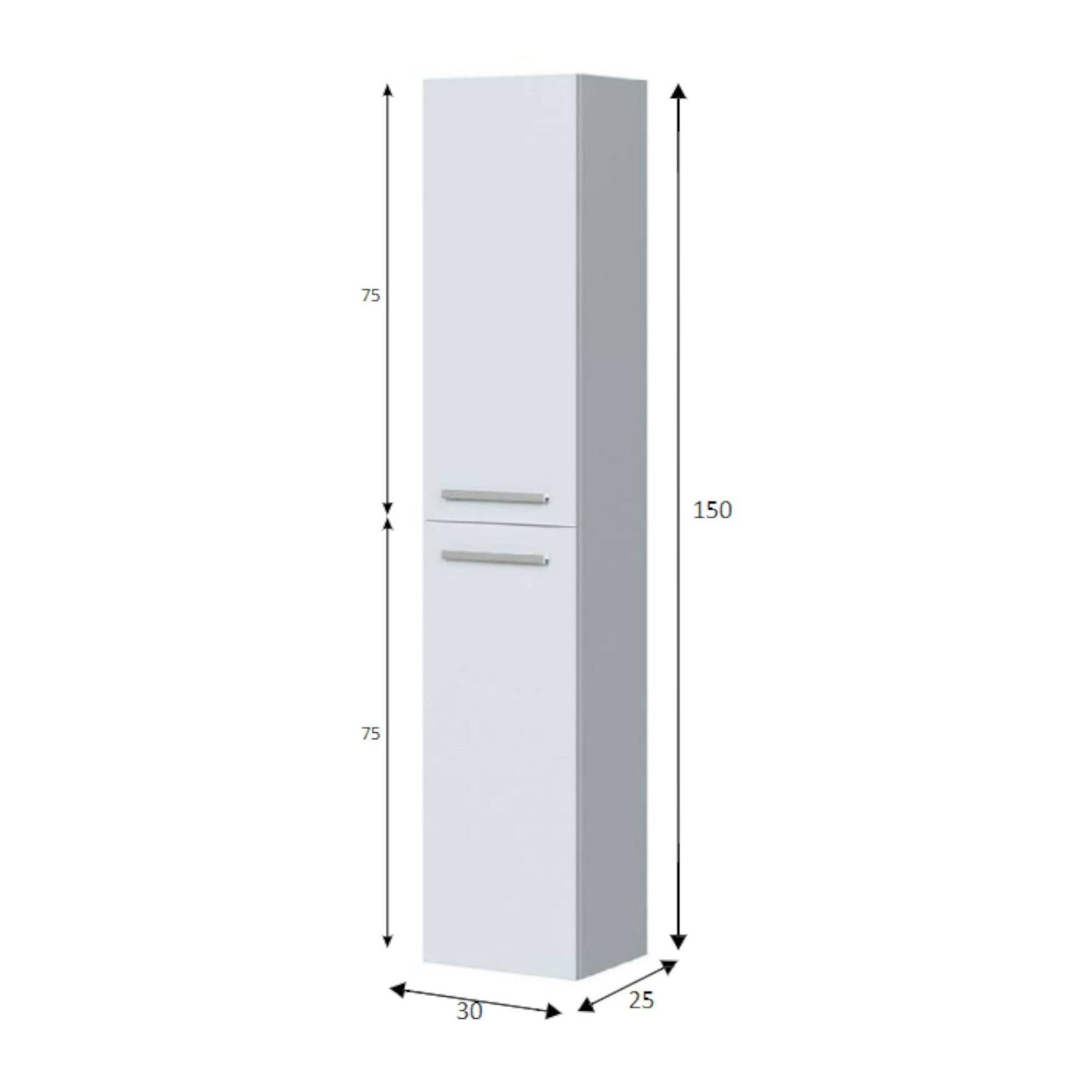 Colonna bagno Alexandria, Mobile a colonna per bagno a 2 ante, Armadio pensile sospeso con 2 ripiani, cm 30x25h150, Bianco lucido