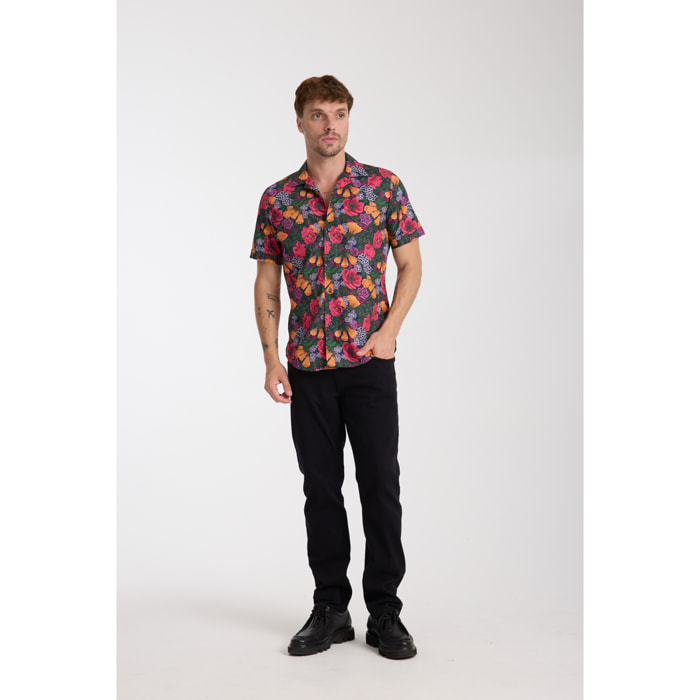 camicia uomo manica corta Popeline Stampato Blu/Arancio