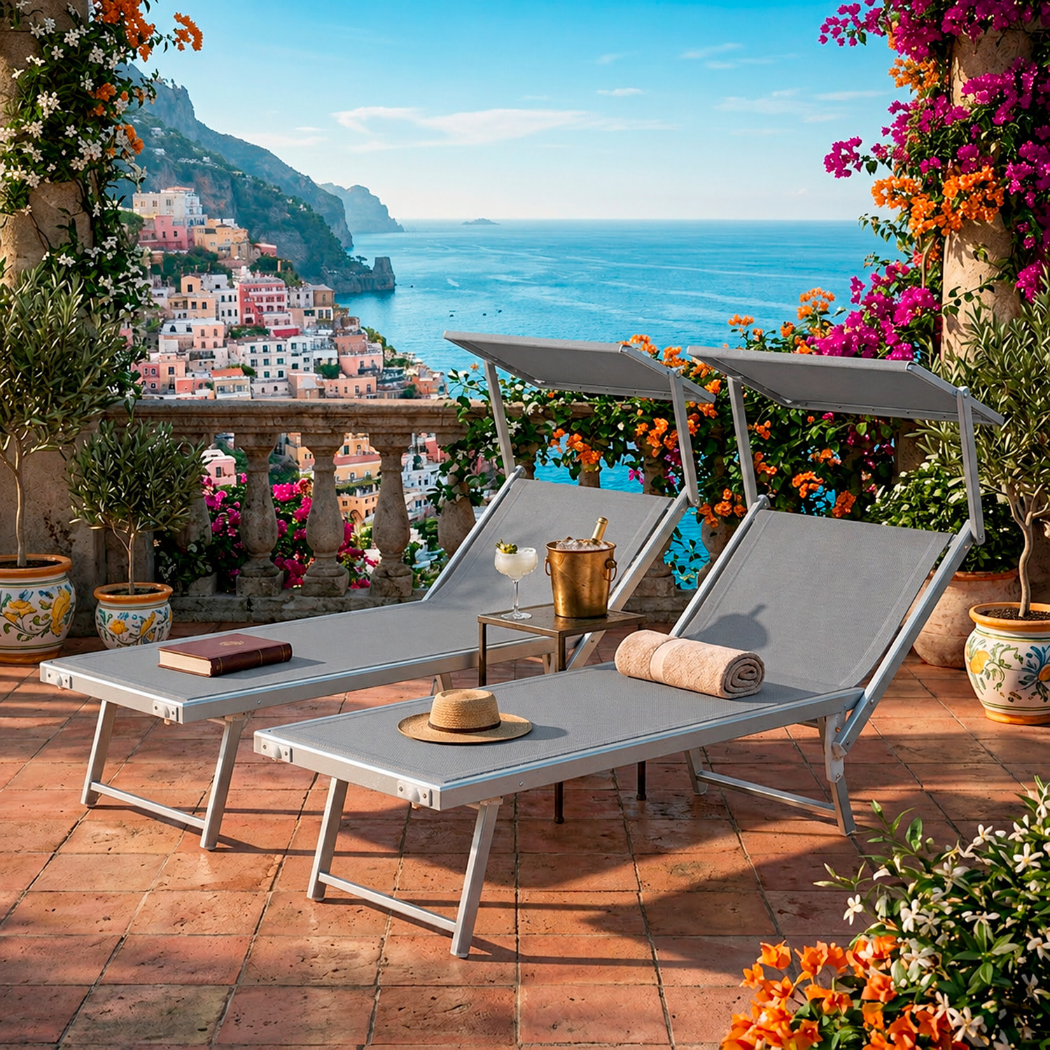 Coppia Di Lettini Prendisole Pieghevole Professionale in Alluminio e Tessuto Textilene Tettuccio Parasole Sdraio Mare Spiaggia 182x60x38 cm Grigio