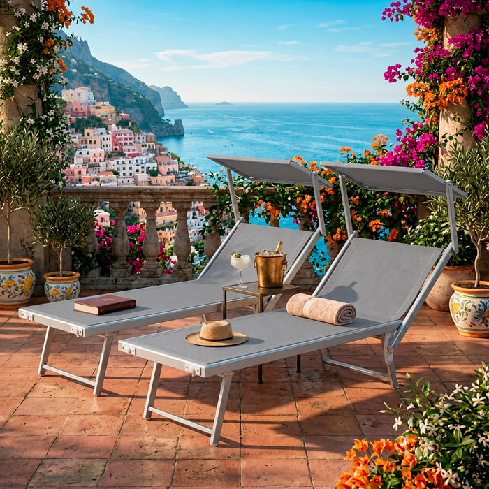 Coppia Di Lettini Prendisole Pieghevole Professionale in Alluminio e Tessuto Textilene Tettuccio Parasole Sdraio Mare Spiaggia 182x60x38 cm Grigio