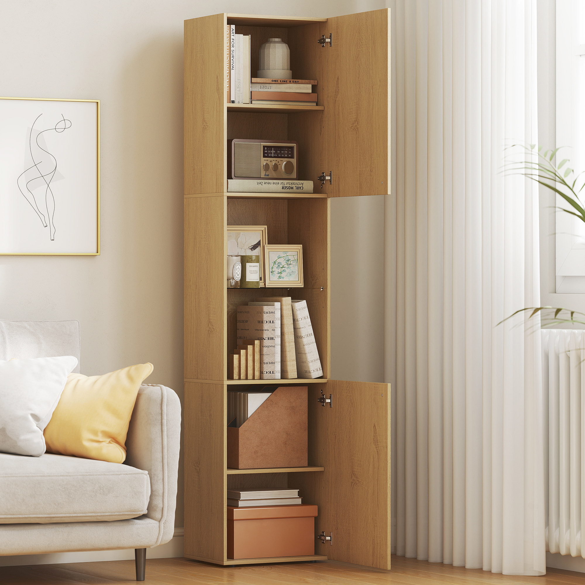 Armario de Baño Alto, Columna de Baño Estrecha de 6 Niveles con 2 Puertas, Estante de Vidrio Templado, Estantes Ajustables, 40x31x182 cm, Roble