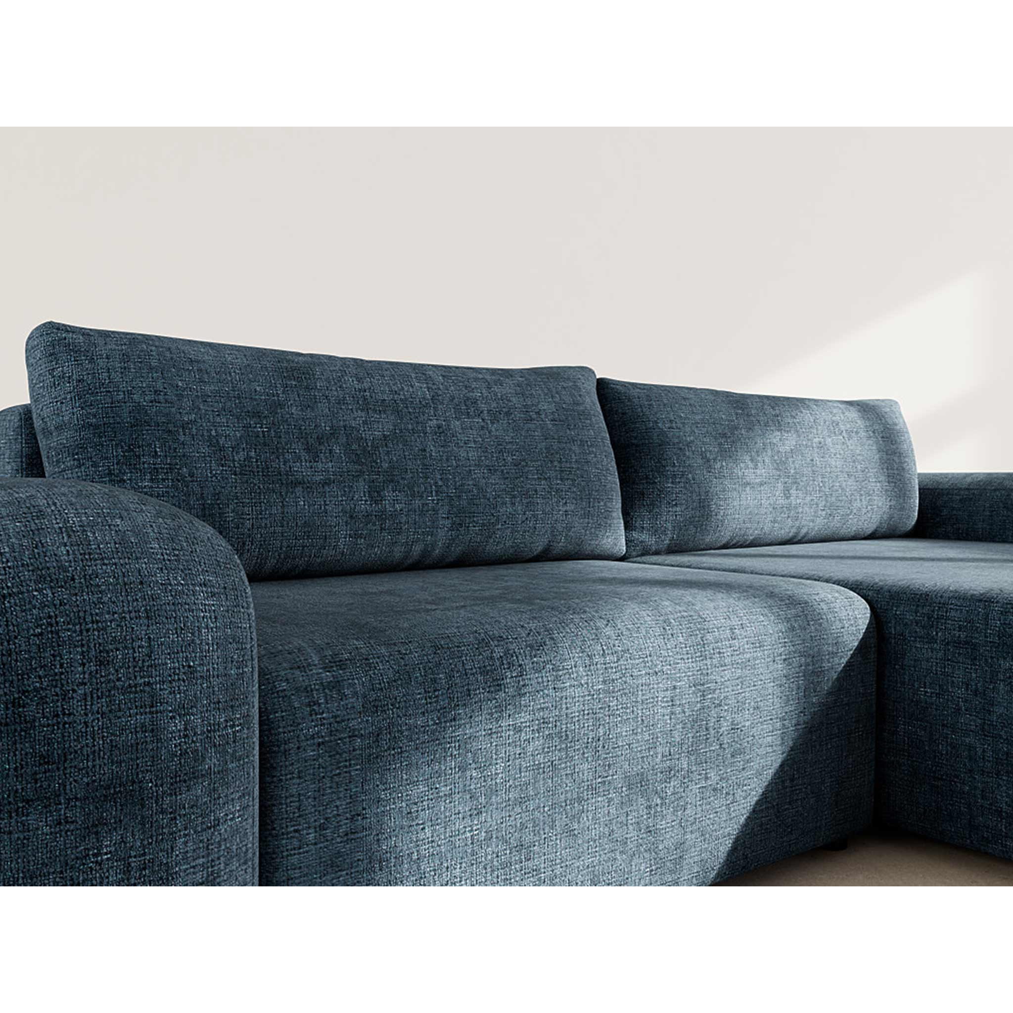 Rebecca - canapé d'angle droit 4 places convertible avec coffre en velours texturé - Bleu