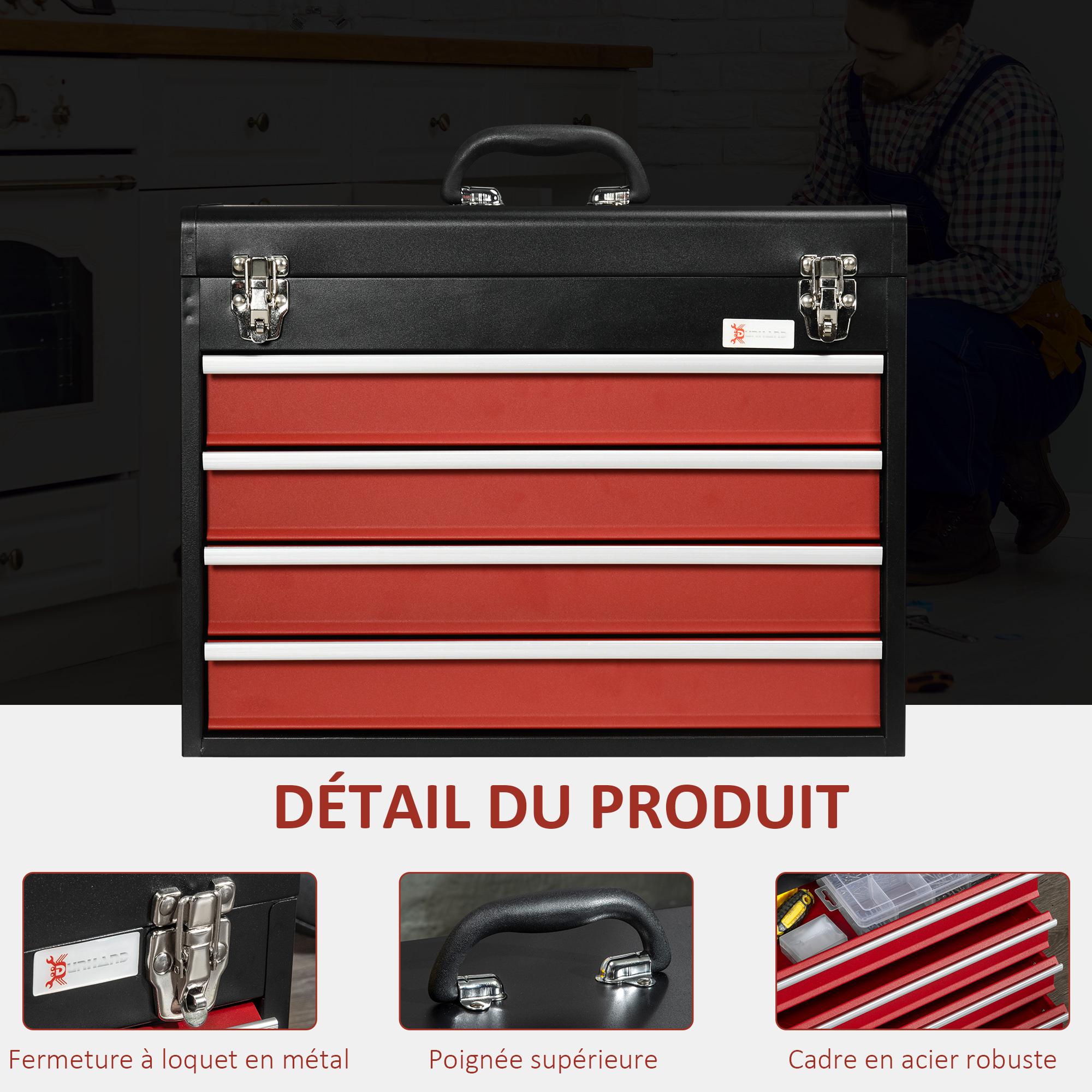 Boite à outils métallique coffret à outils caisse à outils 4 tiroirs + plateau tôle acier rouge noir