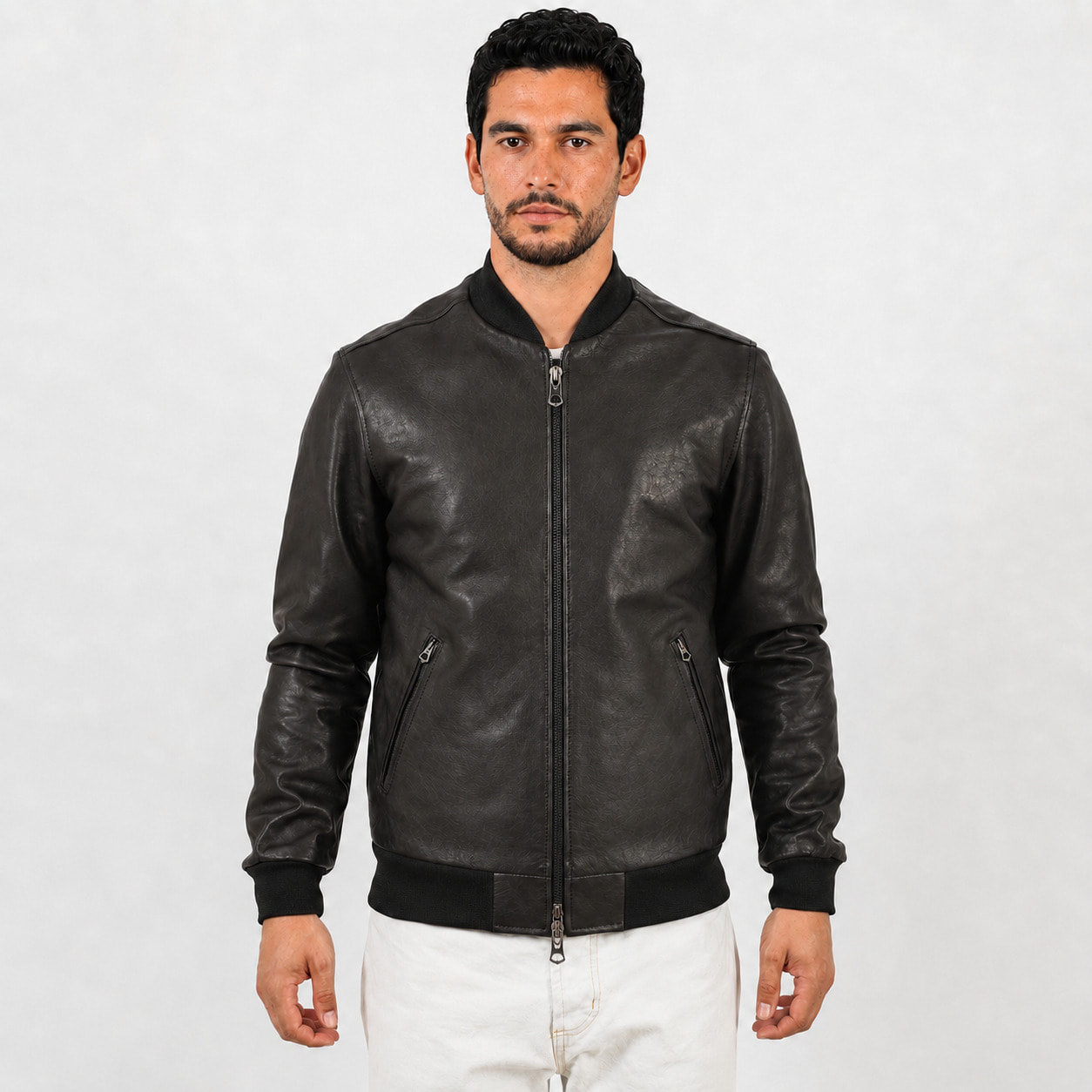 Giubbino in vera pelle di vitello rifinizione vegetale Nero -Slim Fit