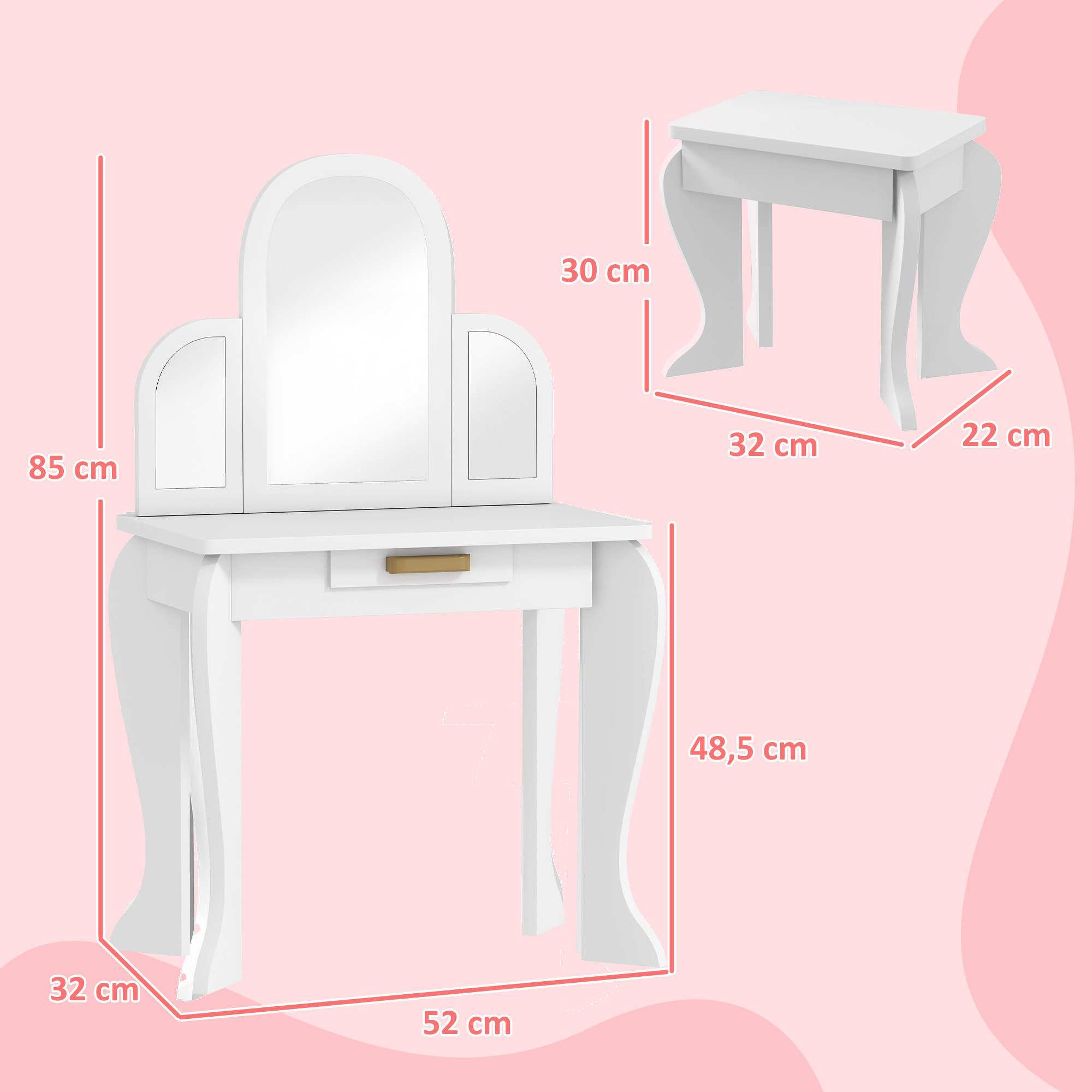 Tocador Infantil con Taburete y Espejo, Tocador para Niñas con Cajón, Mesa de Maquillaje para Niños y Niñas de 3-6 Años, Blanco