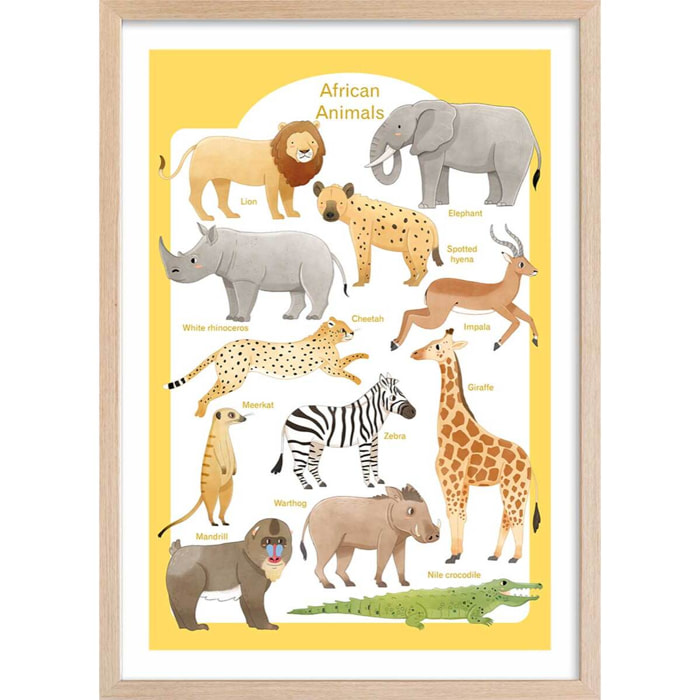 Affiche enfant animaux d'afrique  Affiche + cadre en bois - Chêne