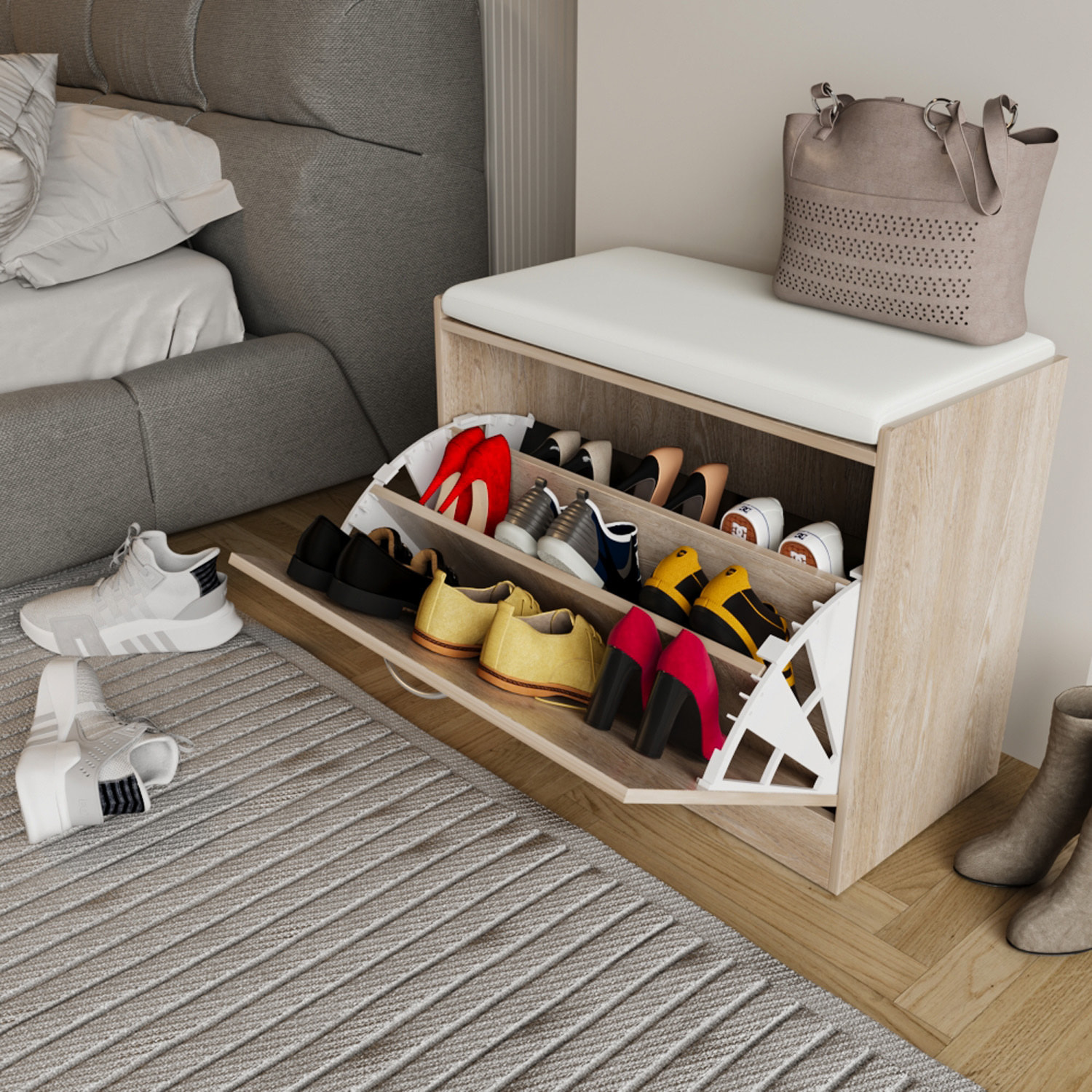 Panca Scarpiera Da Ingresso Salvaspazio Cuscino Anta Ribalta Seduta Imbottita In Ecopelle Soggiorno Casa Camera Ufficio 60 x 30 x 48 Cm Rovere