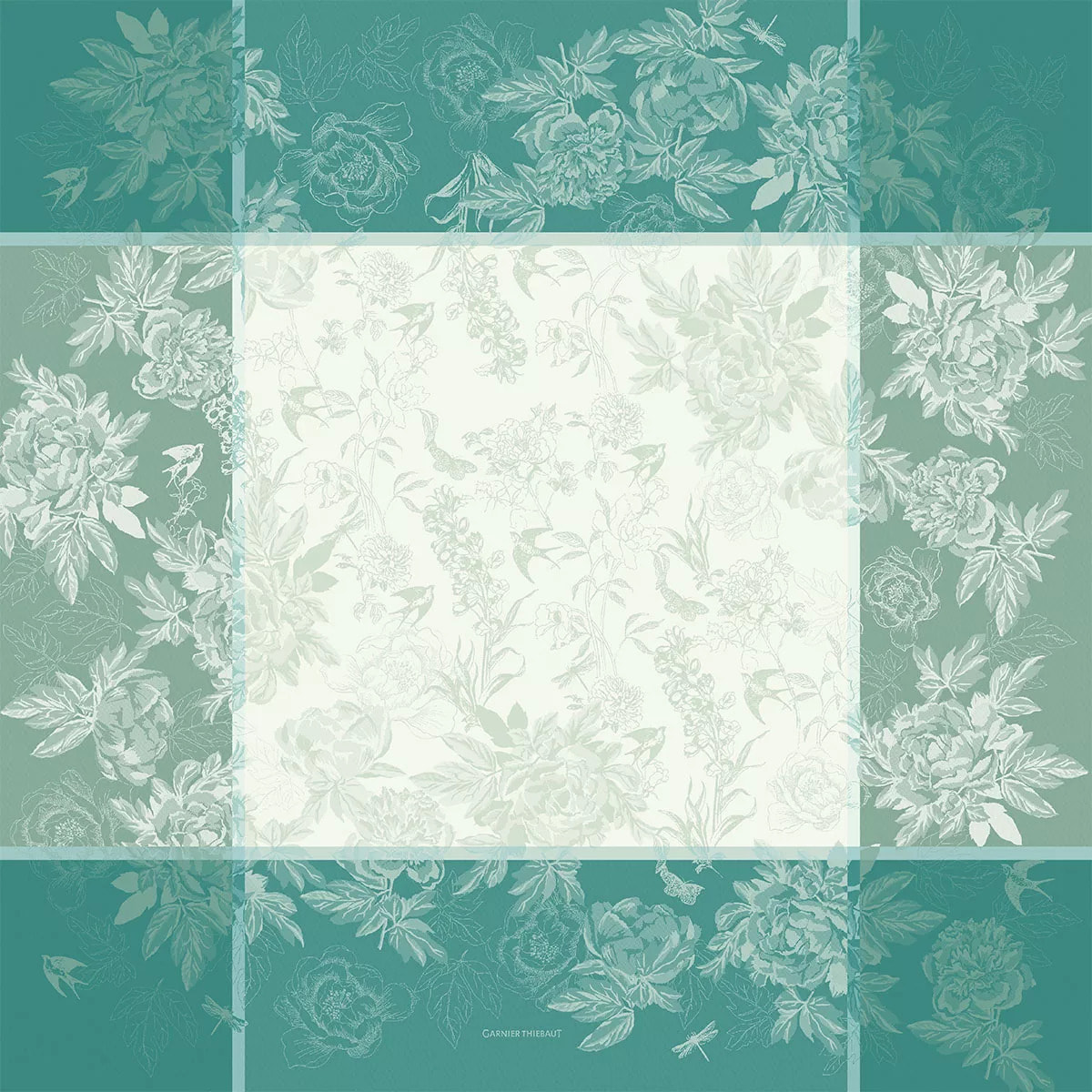 Nappe anti tache pur coton jacquard Jardin de pivoines vert