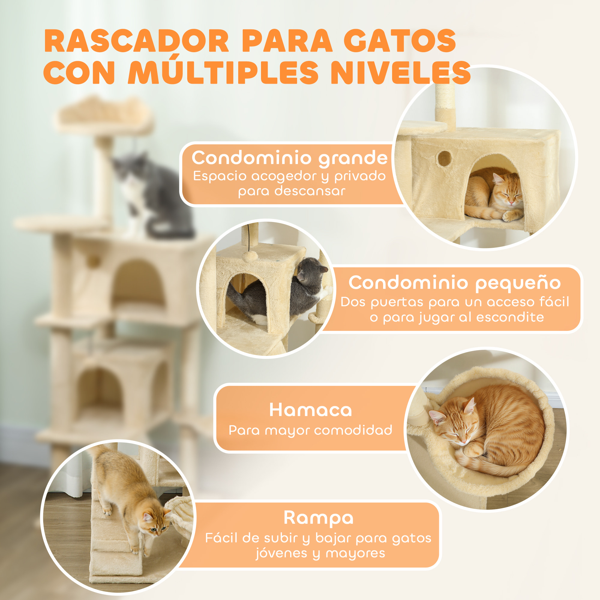 Árbol Rascador para Gatos, Árbol para Gatos 140 cm, Torre Escalador con Múltiples Plataformas, Cama, 2 Cuevas, Hamaca, Escalera, Postes de Sisal, Bolas para Jugar, Beige